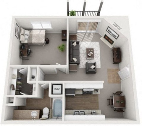 Floor plan for 1 bed, 1 bath, 672 sqft